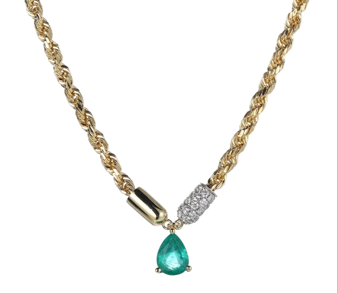 Tube + Rope Chain Pear Emerald and Diamonds Necklace 202