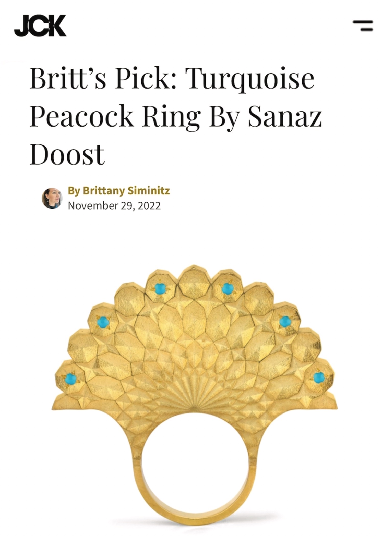 Britt’s Pick: Turquoise Peacock Ring By Sanaz Doost 209